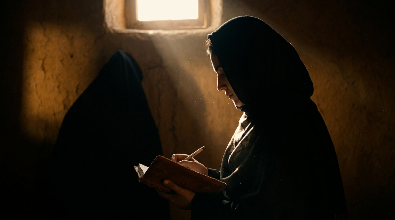Donna afghana in controluce che scrive su un quaderno vicino a una finestra